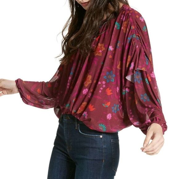 Free People Wildflower Honey Floral Stretch Mesh Blouson Ruffle Top S - Picture 2 of 13
